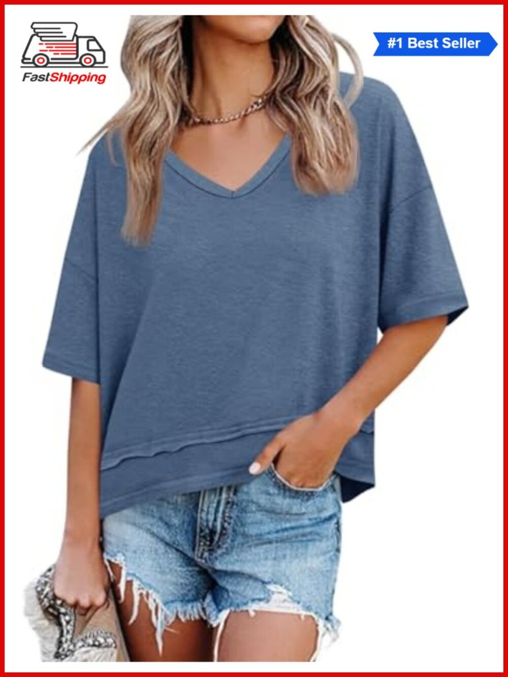 Women's V Neck Loose Fit Oversized Casual Summer Tunic T-Shirt Top